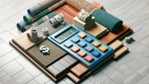 Features realistic types of flooring such as hardwood, carpet, and tile, prominently including a calculator and dollar symbols to emphasize the financial aspects of flooring installation costs. The image blends these elements seamlessly, offering a clear visual representation of the concept of budgeting for flooring installations.
